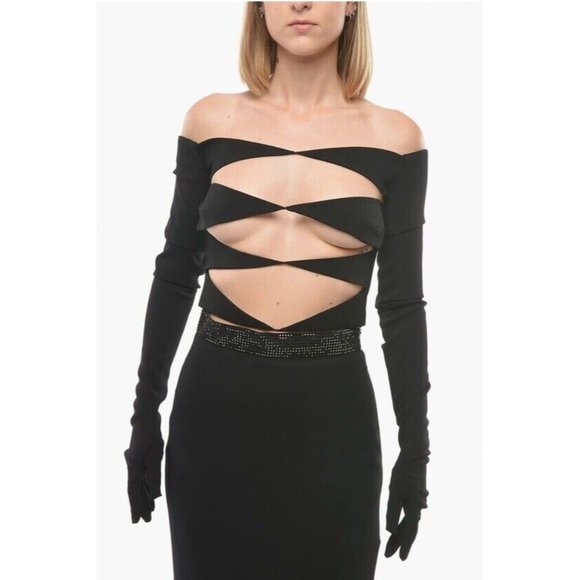 MONOT Off the Shoulder Cut Out Glove Top Black - Picture 1 of 7